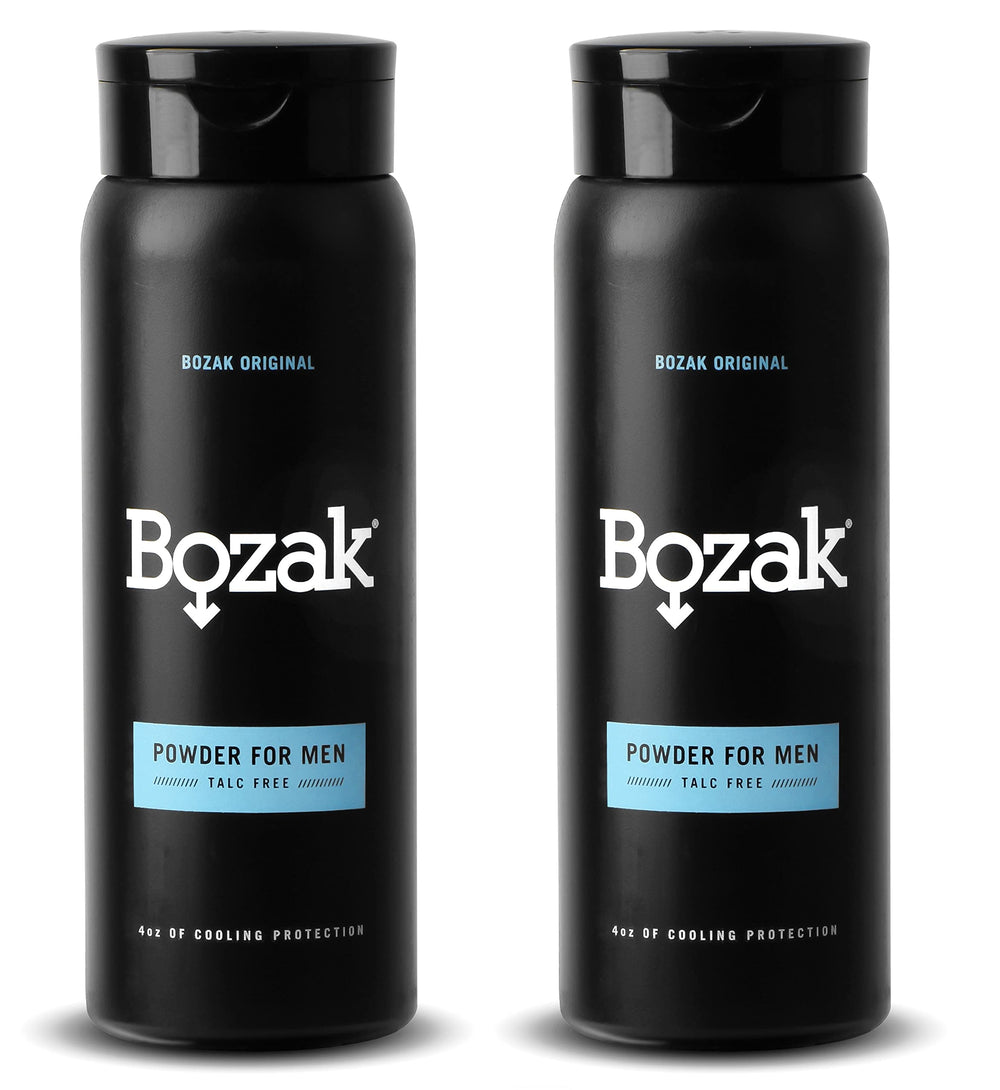 Bozak cooling powder bottle shows talc-free formula for refreshing skin.