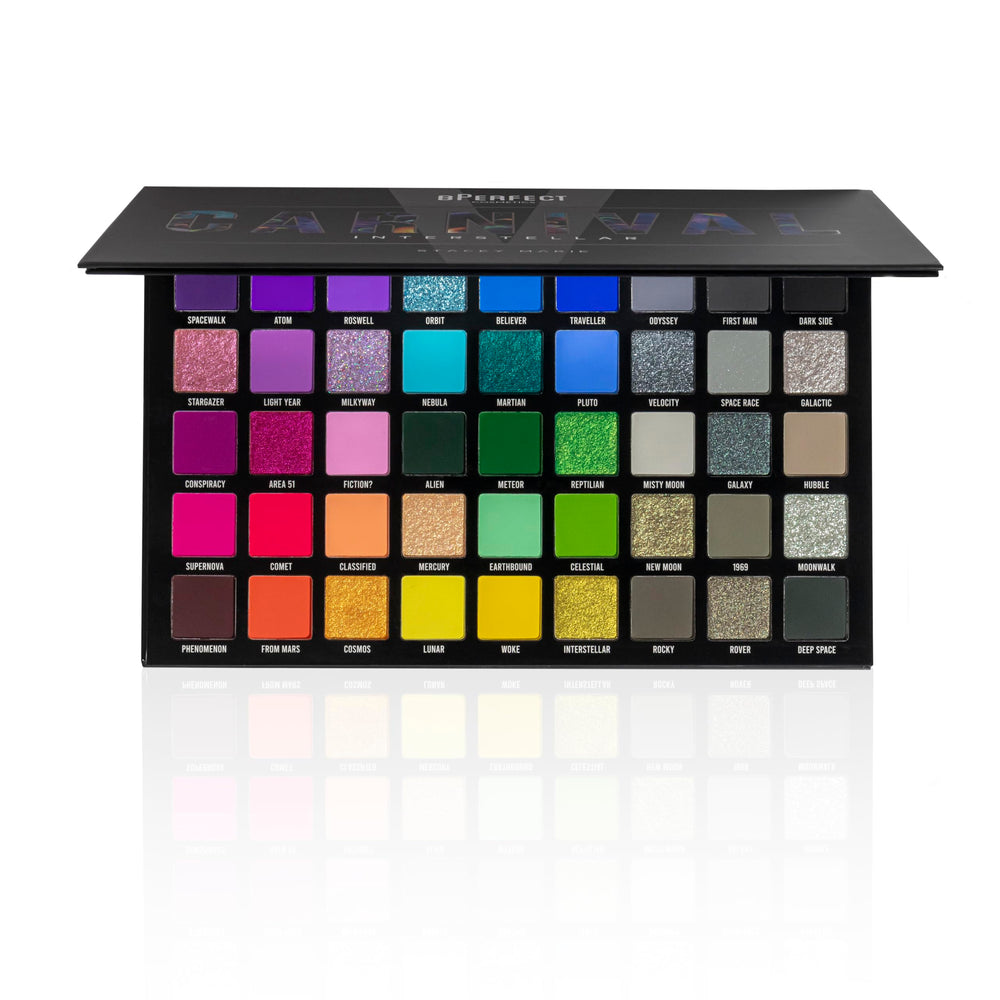 BPerfect Carnival V Interstellar Palette Stacey Marie—front view showing bold, blendable shades for creative looks.