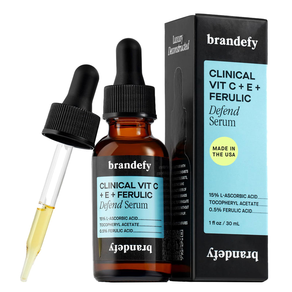 Brandefy Vitamin C Serum bottle highlights 15% L-ascorbic acid for brightening