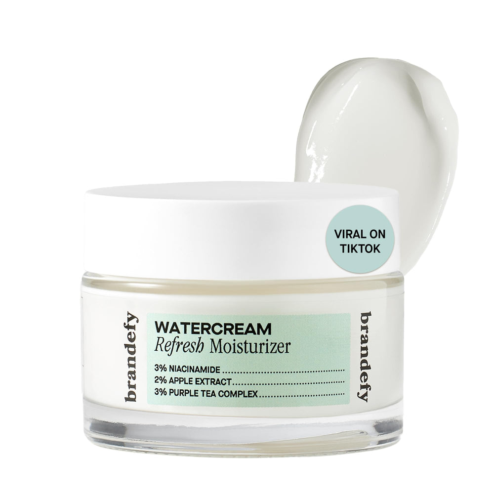 Brandefy Water Cream Refresh bottle pour demonstrating light, non-greasy hydration.
