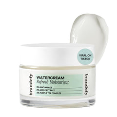 Brandefy Water Cream Refresh bottle pour demonstrating light, non-greasy hydration.