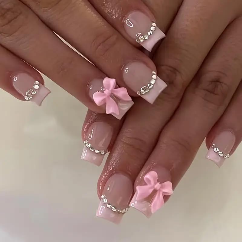 BrandX 24Pcs square press-on nails with pink bow design for quick manicures.