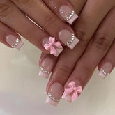 BrandX 24Pcs square press-on nails with pink bow design for quick manicures.