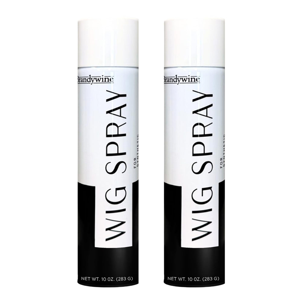 Brandywine wig spray aerosol can demonstrates lightweight quick-dry hold for synthetic and natural wigs.