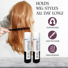 Brandywine wig spray aerosol bottle beside curling style demonstrates versatile use on toppers and extensions.