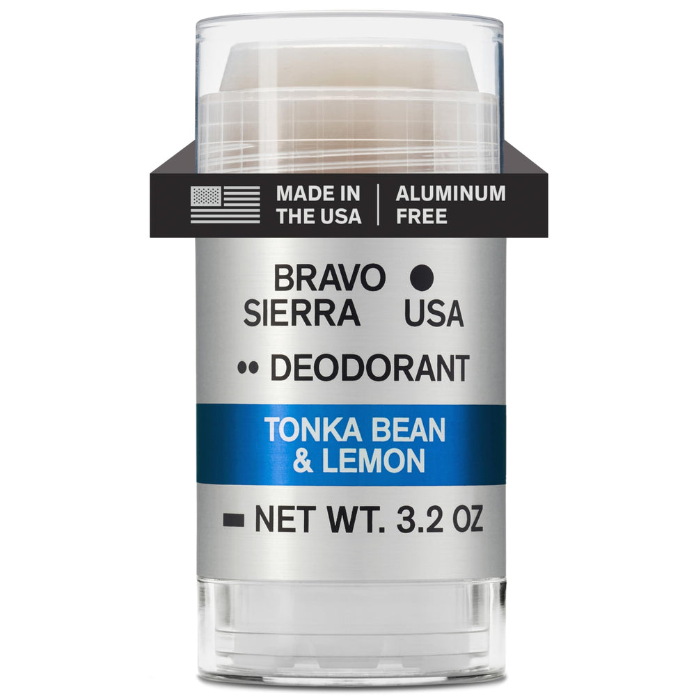 Bravo Sierra aluminum-free deodorant packaging with tonka bean and lemon scent for all-day freshness.