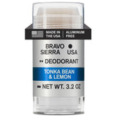 Bravo Sierra aluminum-free deodorant packaging with tonka bean and lemon scent for all-day freshness.