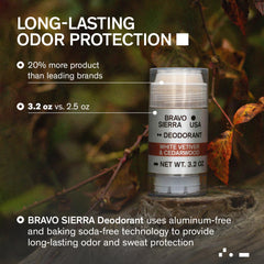 Bravo Sierra deodorant bottle close-up showing cedarwood and white vetiver scent for all-day freshness
