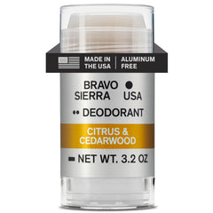 Bravo Sierra aluminum-free deodorant front packaging shows citrus cedarwood scent