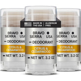 Bravo Sierra cedarwood citrus deodorant packaging highlighting a 3-pack for long-lasting protection.