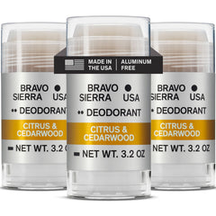 Bravo Sierra cedarwood citrus deodorant packaging highlighting a 3-pack for long-lasting protection.