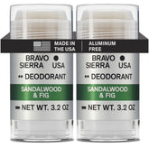 Bravo Sierra deodorant packaging shows sandalwood and fig scent for two-pack