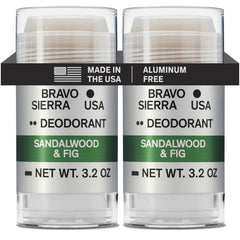 Bravo Sierra deodorant packaging shows sandalwood and fig scent for two-pack