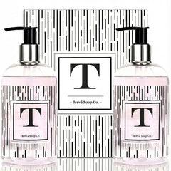 Brevä Soap Co. monogrammed hand soap bottle with letter T adds personalized luxury to your sink.