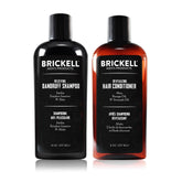 Brickell Men's Daily Relieving Shampoo bottle close-up highlighting natural formula for dandruff relief.