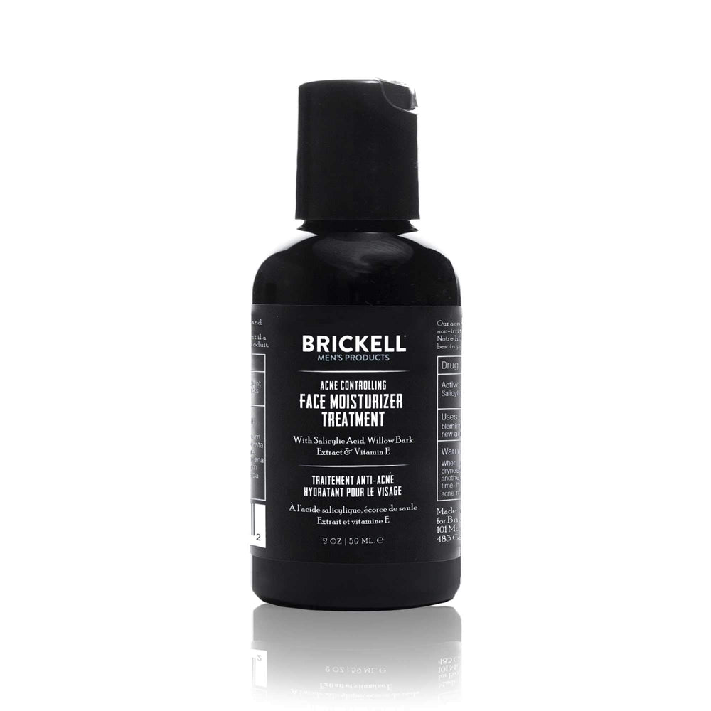 Brickell Men's Acne Controlling Moisturizer bottle close-up showing hydrated skin benefits.