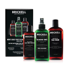 Brickell Men's Daily Face Cleanse Routine packaging shown for easy at-home oily skin care