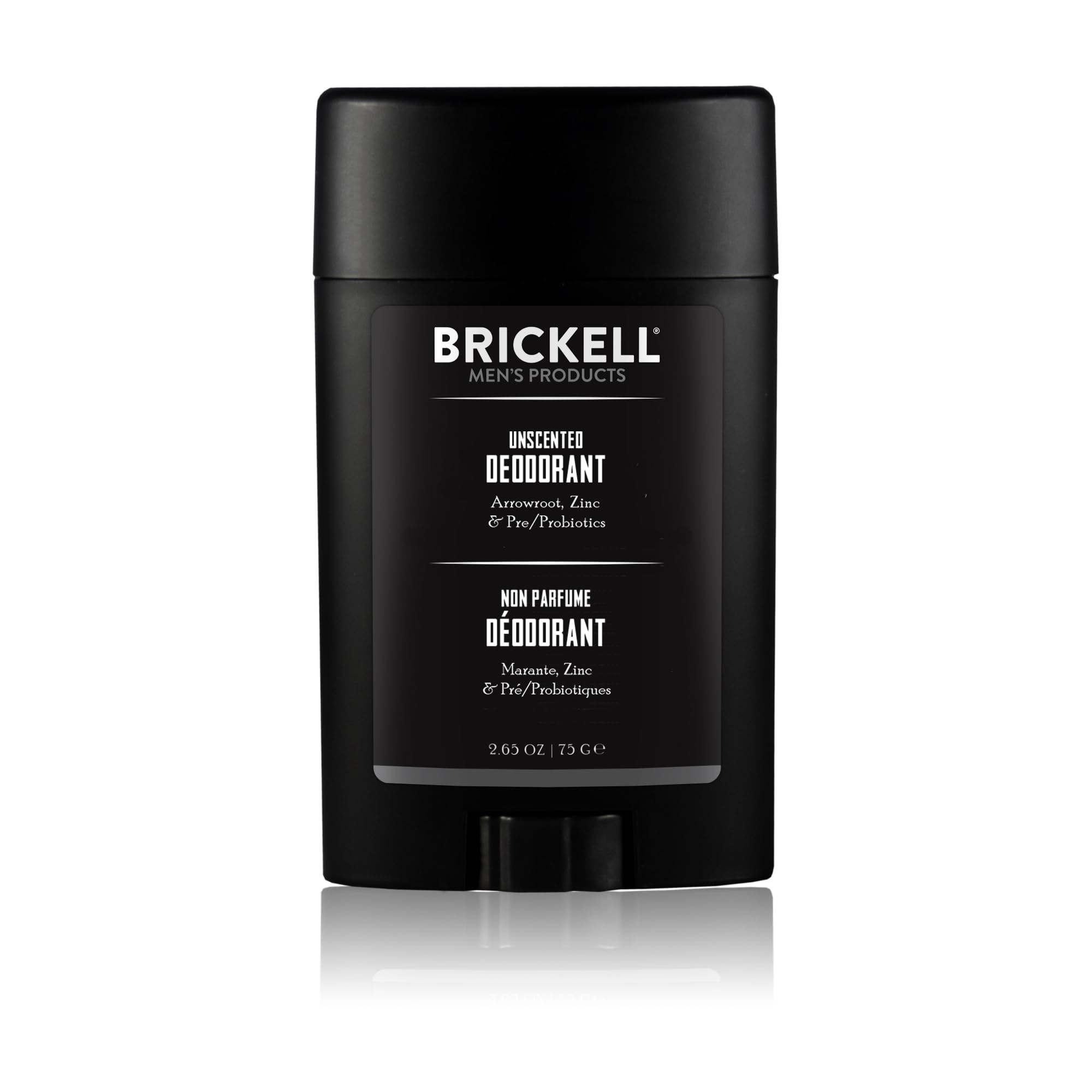 Brickell natural deodorant unscented bottle close-up showing aluminum-free formula