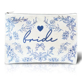 Bride Squad makeup bag with blue porcelain floral pattern closeup