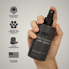 BRIGHTSIDE Salt and Clay Surf Spray textured-look on hair before finishing for a natural hold.