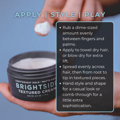 BRIGHTSIDE packaging closeup highlighting the water-based formula for all hair types.