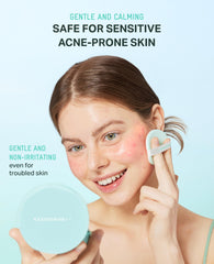 Swatch of BRING GREEN Tea Tree CICA Sun Cushion showing tone-up finish and no white cast.