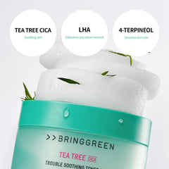 BRING GREEN Tea Tree CICA Toner Pad cooling sensation refreshes irritated skin.