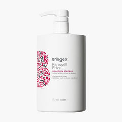 Briogeo Farewell Frizz Shampoo bottle on shelf promises frizz control and shine.
