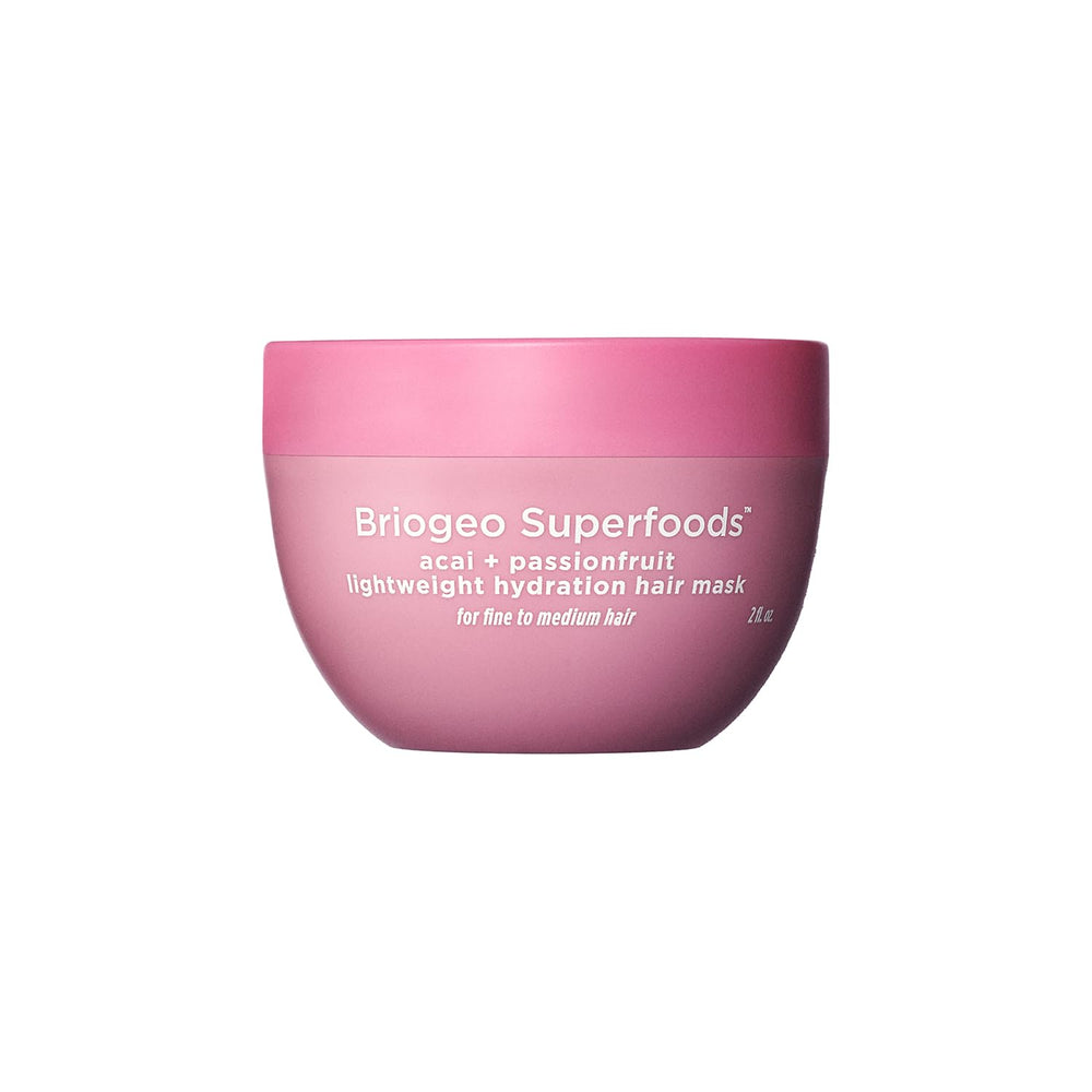 Briogeo Superfoods Acai + Passionfruit mask bottle highlights lightweight hydration for fine hair