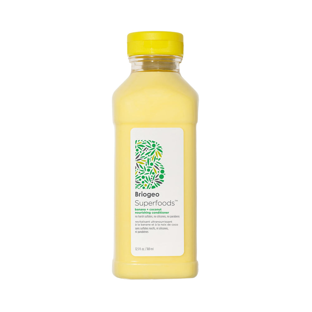 Briogeo Superfoods Banana + Coconut conditioner bottle ready for daily hydration.