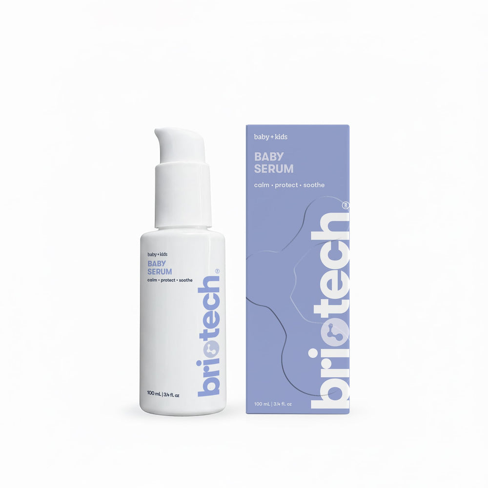 BRIOTECH Babies HOCl serum bottle shows quick-dry gel for delicate skin relief.