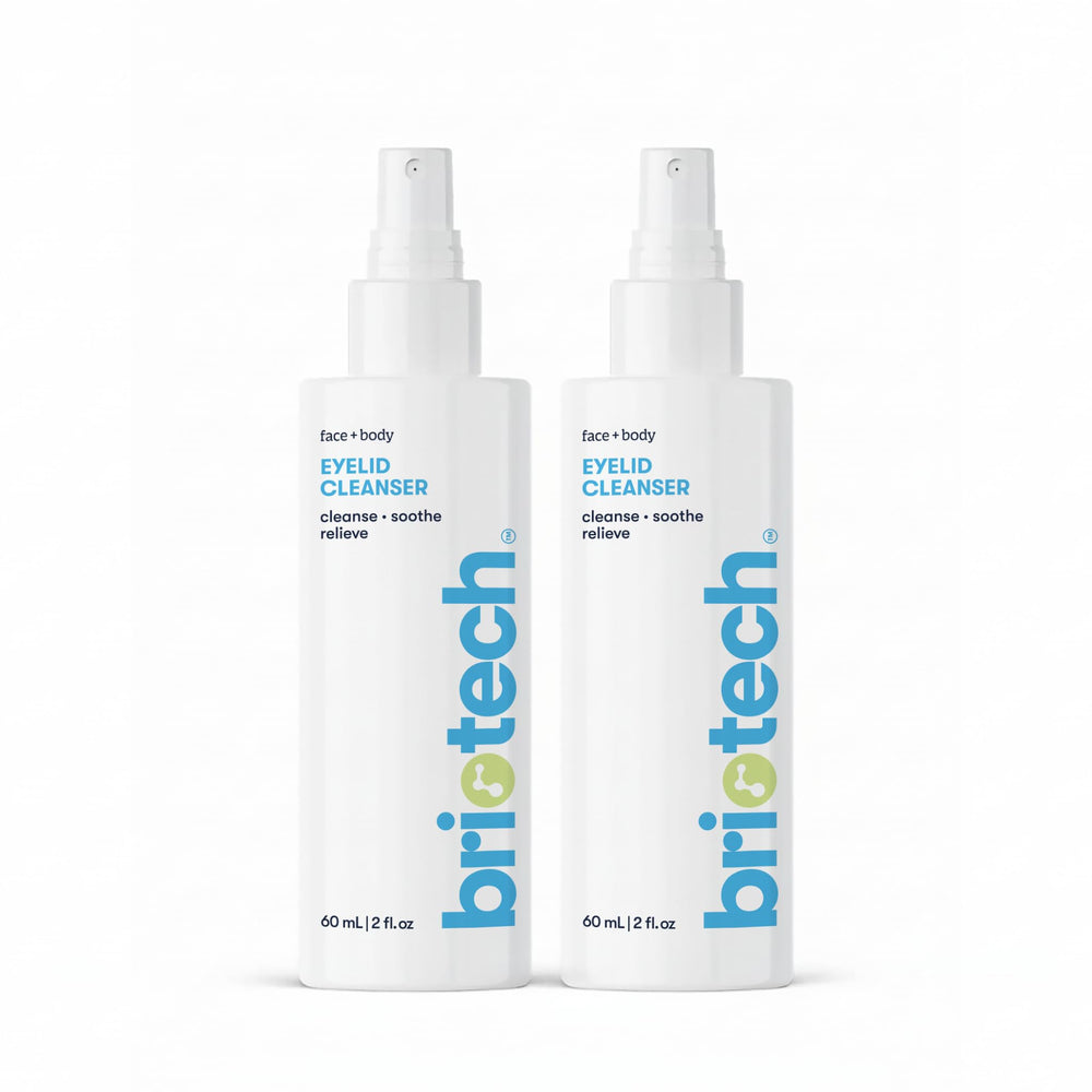BRIOTECH Eyelid Cleanser bottle close-up highlighting HOCl formula for gentle daily eyelid care.