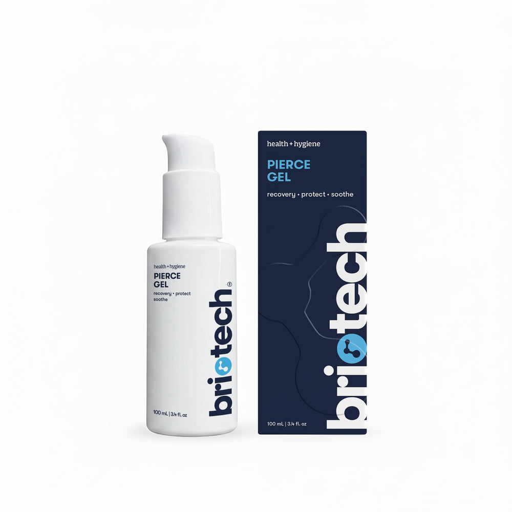 BRIOTECH Pierce Gel bottle front view showing no-rinse, quick-drying aftercare for piercings