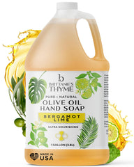 Brittanie's Thyme Bergamot Lime liquid soap bottle pour for skin and surfaces.