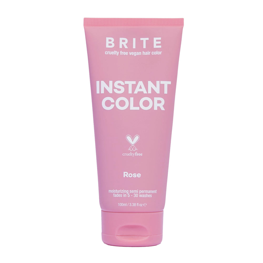 Brite Rose Instant Color bottle shows a vegan, semi permanent dye for vibrant rose hues