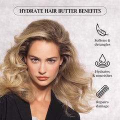 BRITISH M Hydrate Hair Butter label closeup shows premium nourishing ingredients.