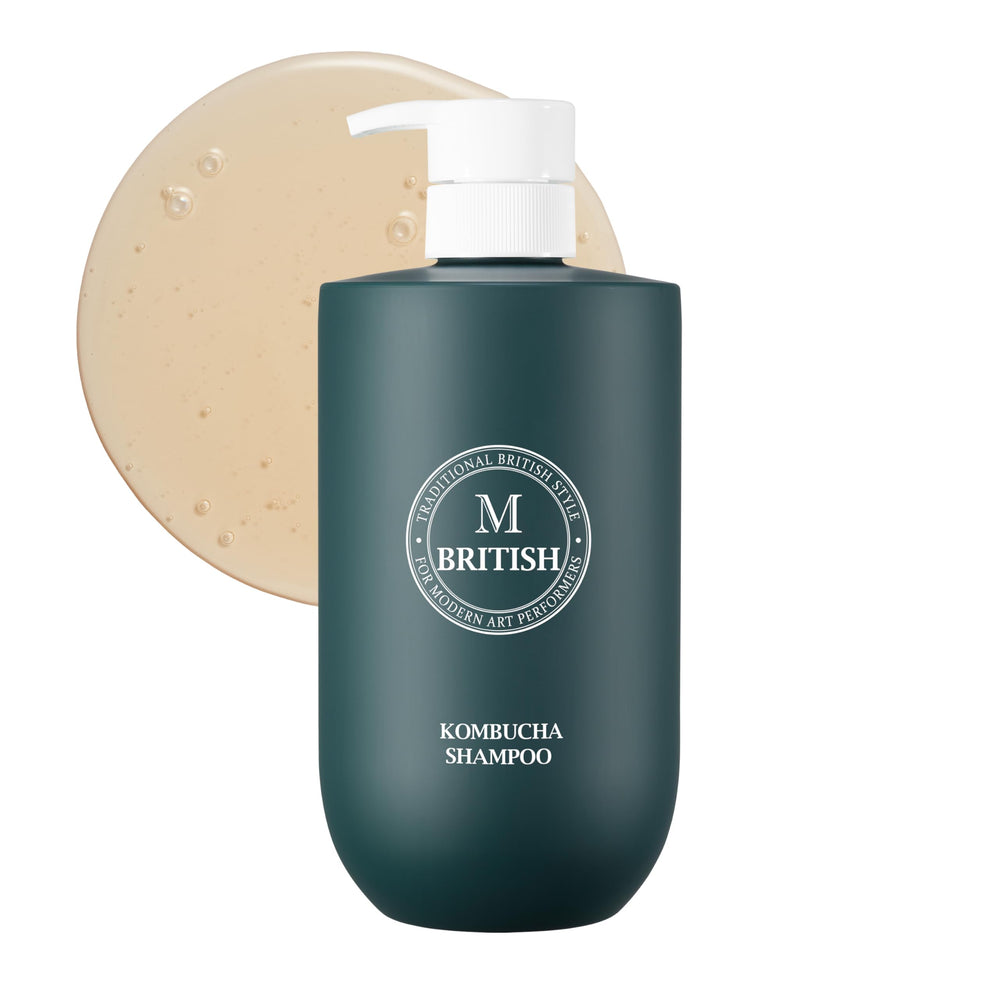 British M Kombucha Shampoo bottle closeup with vegan formula and detox cleanse