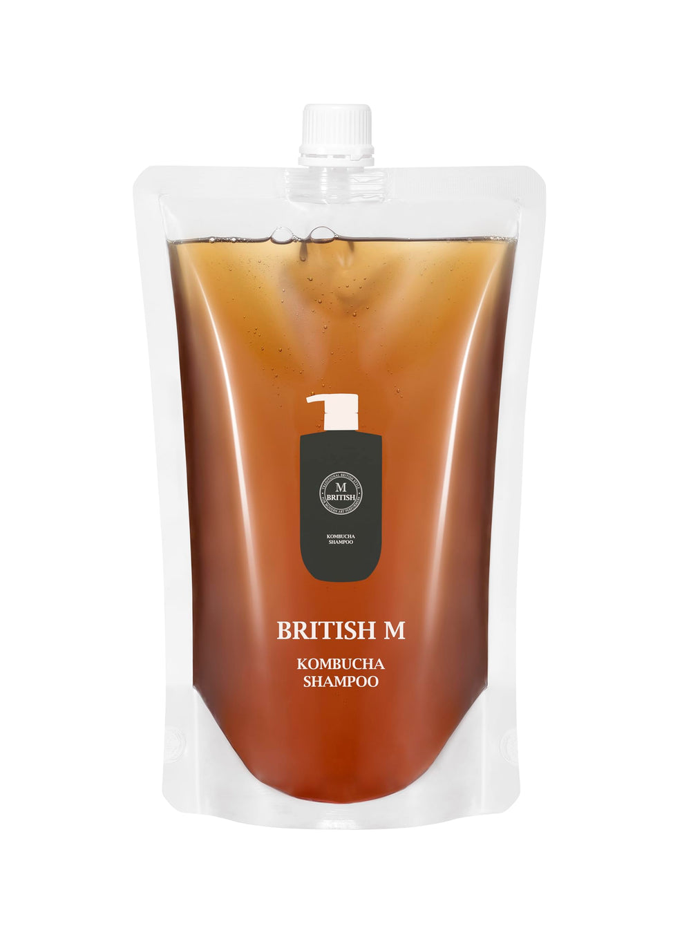 British M Kombucha Shampoo bottle, vegan formula for gentle scalp cleansing.
