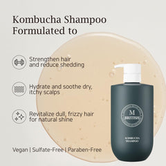 British M Kombucha Shampoo on scalp scene illustrating pH-balanced care