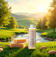 Almond scent close-up conveys calming aroma during daily shower routine.