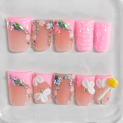 BRKYKGK pink French tip nails with rhinestones for elegant sparkle