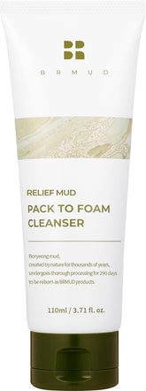 BRMUD Relief Mud Pack to Foam Cleanser packaging showcases dual-action cleansing for pores and balance.