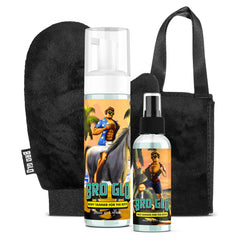 Bro Glo self-tanner bottle demonstrates quick-dry, natural bronze for face and body.