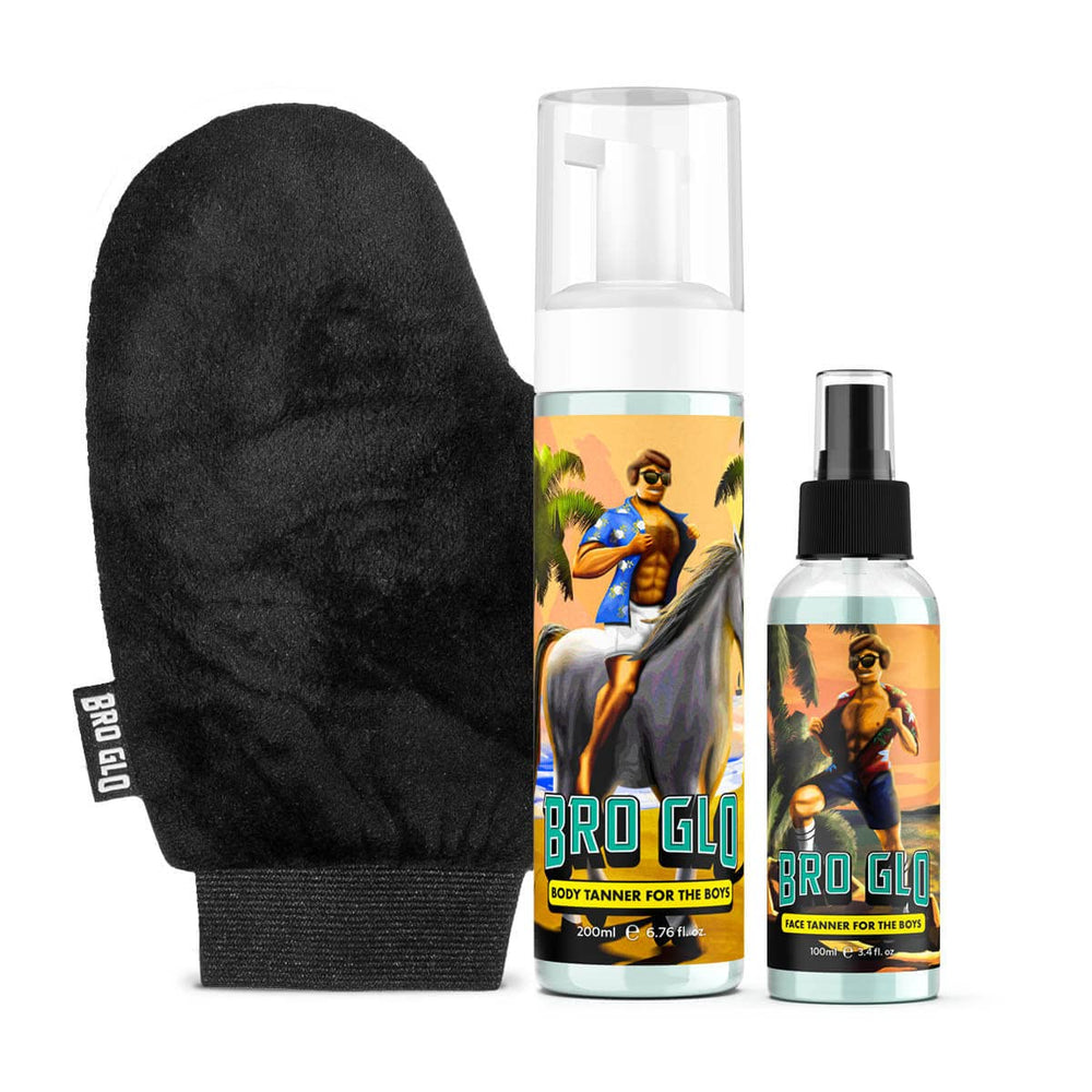 Bro Glo self tanner bottle demonstrates a natural, quick-drying bronze for face and body