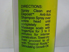 Bronner Bros Tropical Roots Shampoo Spray label close-up highlighting moisture and scalp care.