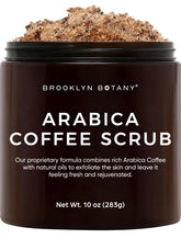 Brooklyn Botany Arabica Coffee Body Scrub packaging highlights premium ingredients.