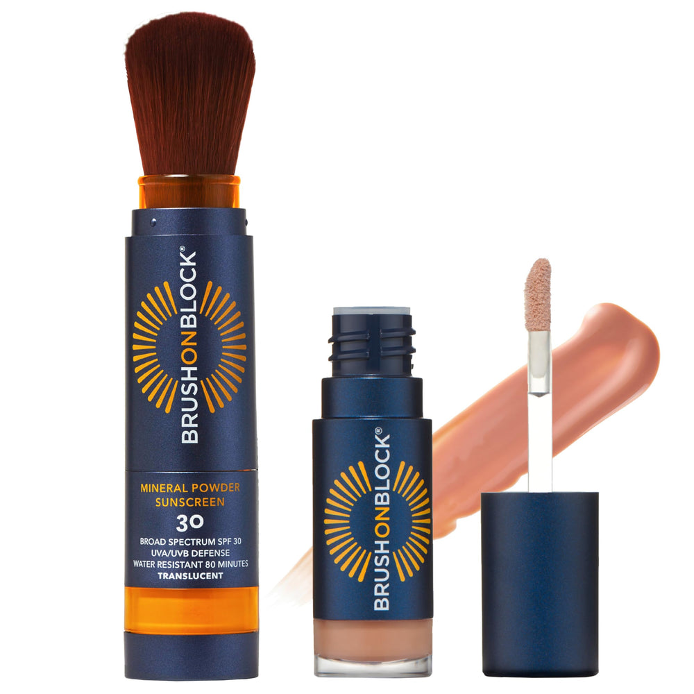 Brush On Block full-face sun protection kit with mineral SPF protection.