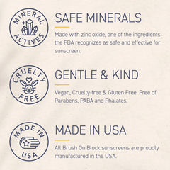 Brush On Block reef-safe formula bottle emphasizes responsible sun protection.