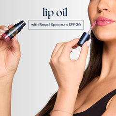 Brush On Block Sun Shine Lip Oil SPF 30 label highlighting mineral sunscreen.