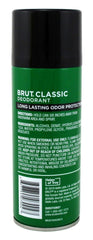 Brut deodorant aerosol spray action demonstrating quick, even application for all-day protection.